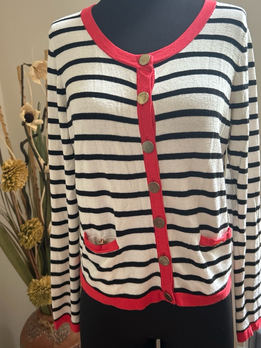 Morgan de toi France Striped Black and White Sweater Cardigan with Red Trim